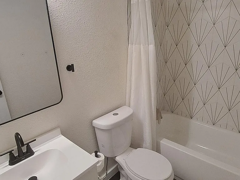 Updated full bath with tub/shower combo, patterned accent wall, and vanity with under-sink storage.