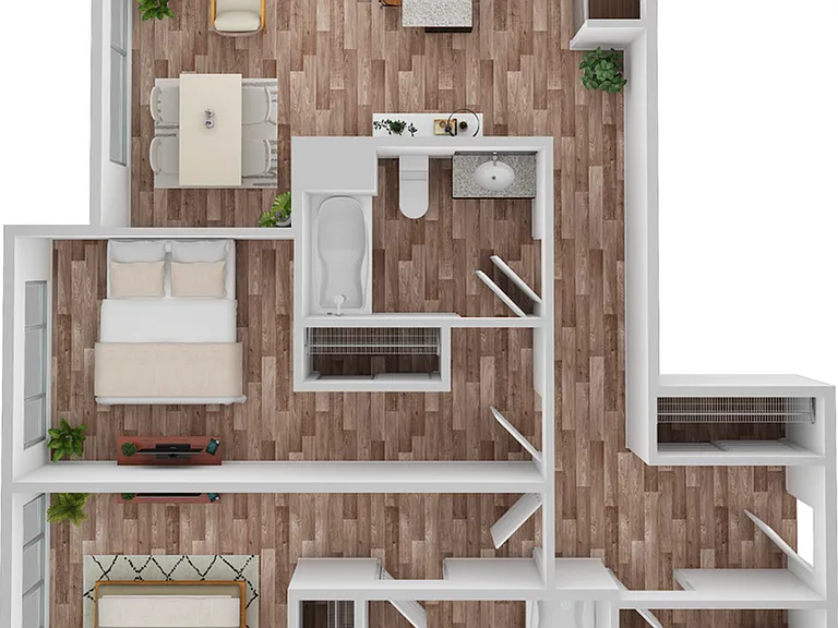 3D Floor Plan Rendering of the Arizona Two-Bedroom, Two-Bathroom Layout. 1,109 square feet 3D Floor Plan Rendering of the Arizona Two-Bedroom, Two-Bathroom Layout. 1,109 square feet