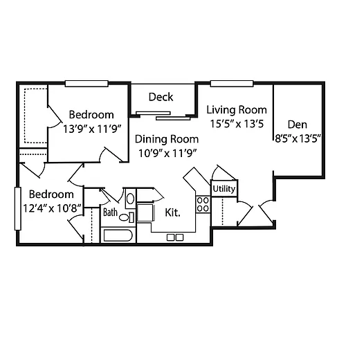 Floor plan 2 Bedroom, 1 Bath with Den Style I