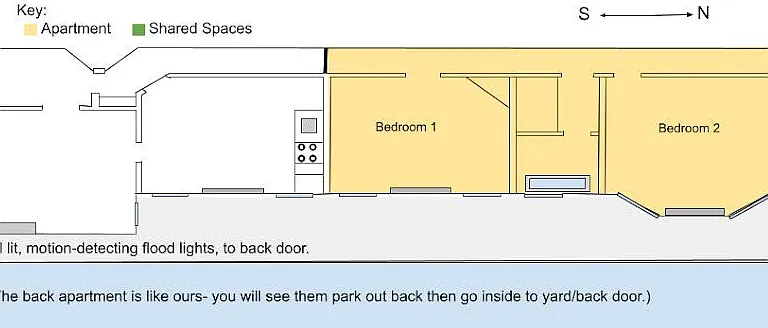 Yellow = The Apartment within the building floorplan. Your entrance is in the back but has a locked side gate that brings you to Grace Street and the front of 1816. Welcome to the Fan!