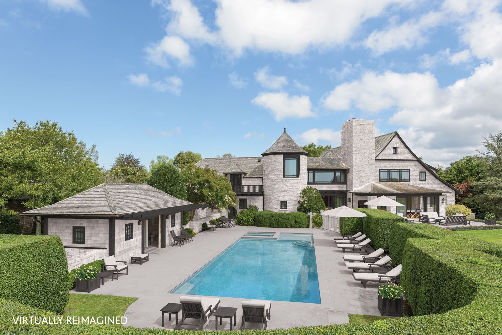  View of the pool area at 6 Dannielles Way, Bridgehampton, NY (virtually re-imagined)