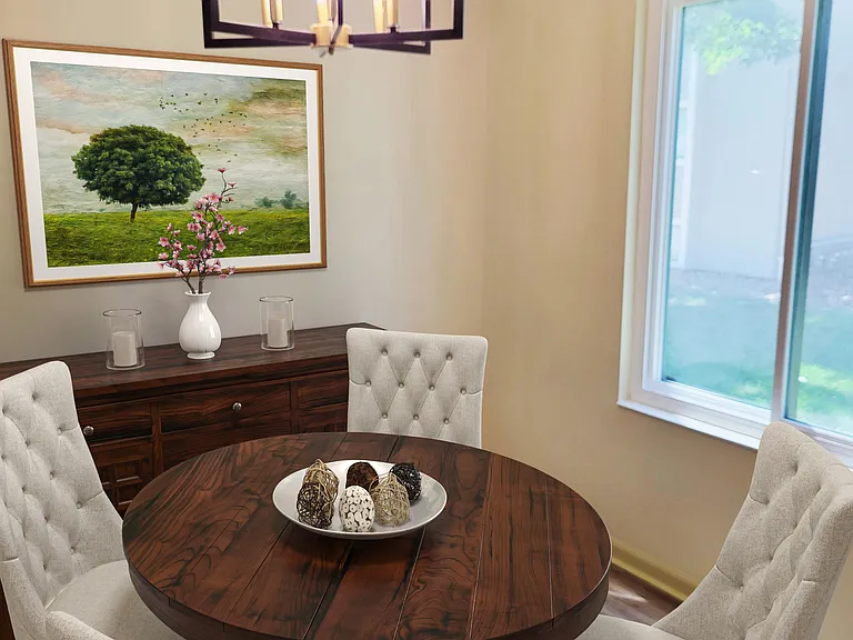 New flooring, paint and lighting in dining room with window that looks out over back yard. Just one of the two dining options this condo offers! The other option is at the brand new kitchen counter that will accommodate counter-height seating.