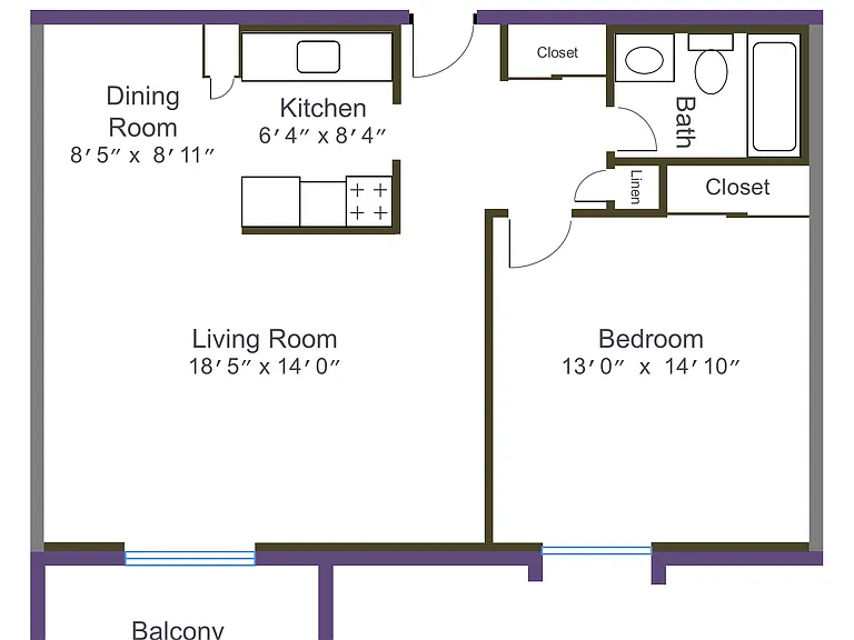 Typical 1 bedroom floor plan for 1075 Andrews, dimensions may vary.