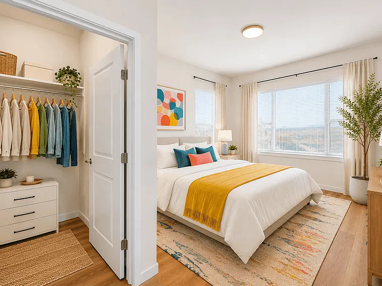 Spacious primary bedroom with a walk-in closet, large windows, and modern finishes at 27 West Apartments.