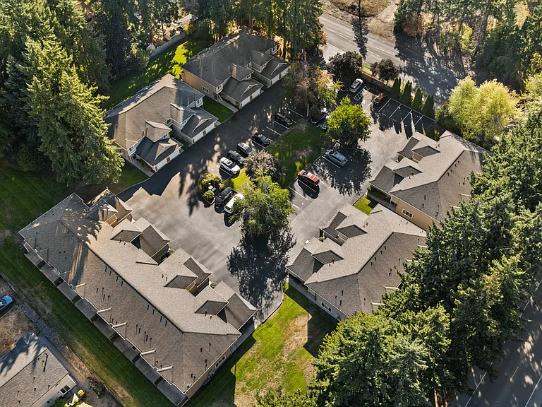 Scenic aerial view of Mountain Park Townhomes nestled among the trees.