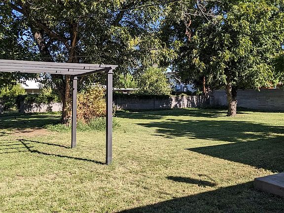 Shady back yard. Lots of room for fun and games.