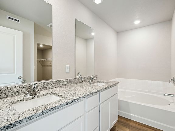 The master bathroom has a large vanity,