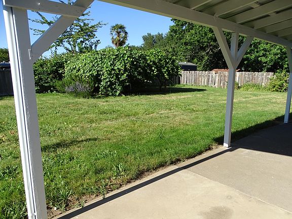 Large back yard with grape arbor and patio cover.
