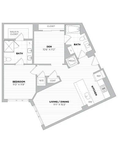 Floor plan 1 Bed/2 Bath Den-1D