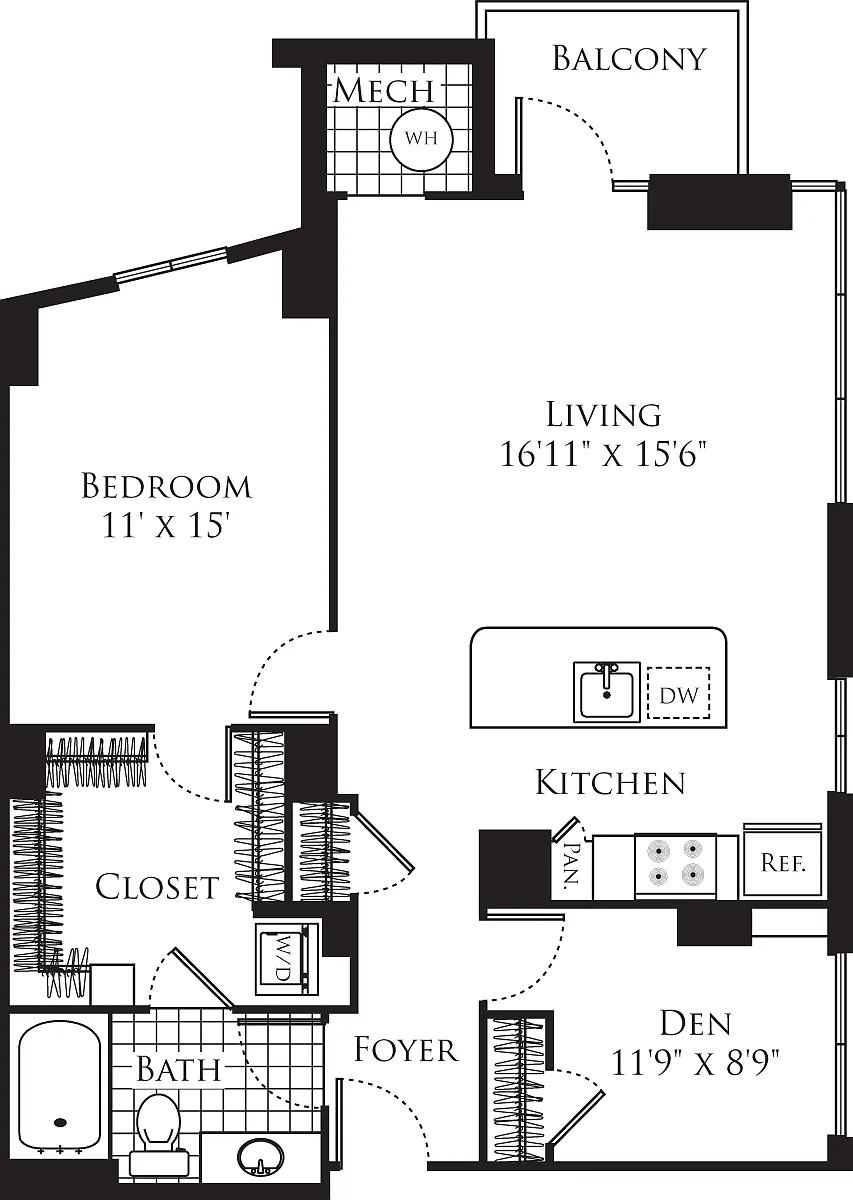 Floor plan 1 Bedroom with Den 1012