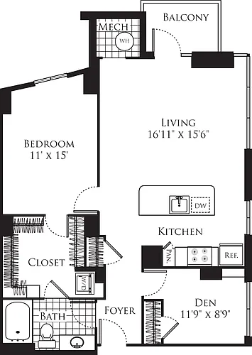 Floor plan 1 Bedroom with Den 1012