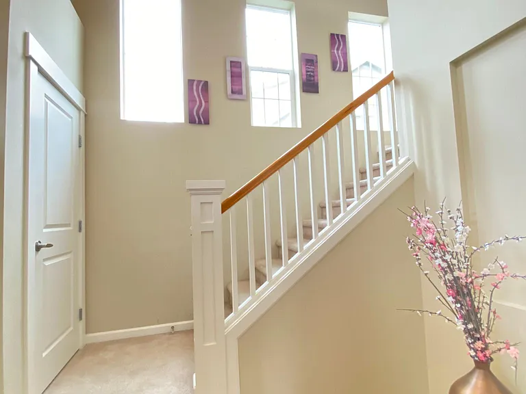 Dramatic foyer area with the stairs and the coat closet.