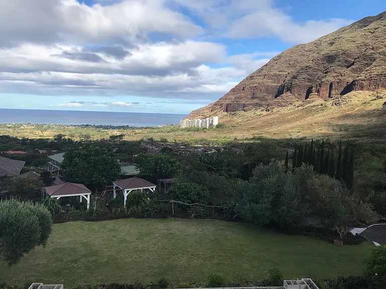 Where are we? Near the back of beautiful Makaha Valley facing the ocean, Makai view. Yet, we are surrounded by mountains and lovely walking areas. Including our small farm below the great lawn. Fruit trees galore.