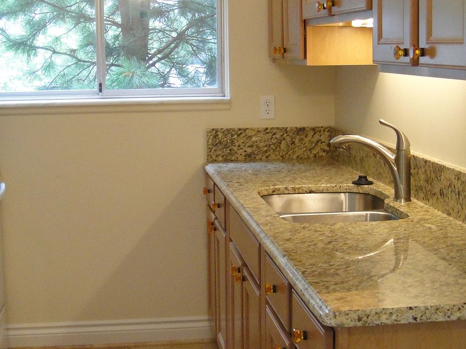 Kitchen has granite counters, dishwasher, stove, refrigerator and microwave
