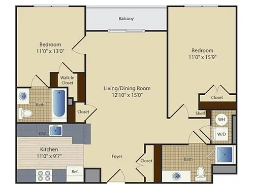 Floor plan Two Bedroom Two Bath (946 SF)