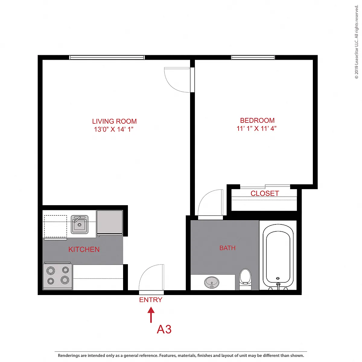 Floor plan 1 Bed 1 Bath A3