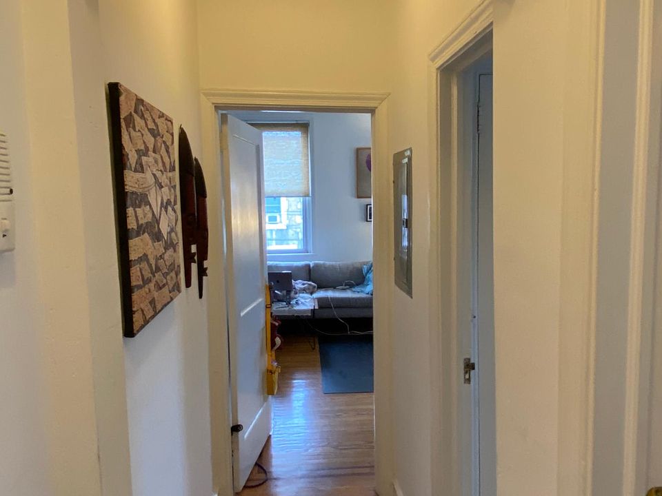 Entry way, lead to bathroom (on right) & living room (straight ahead).