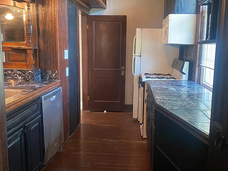 Galley kitchen.