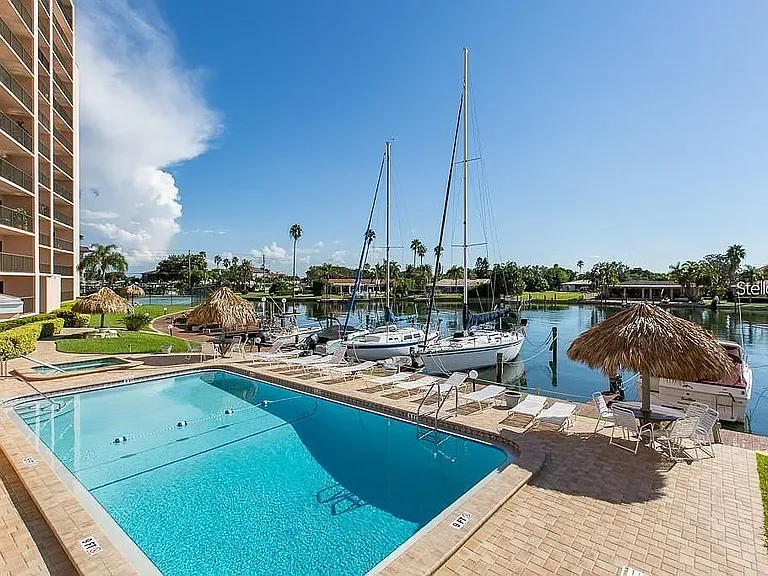 Swimming pool on the water by boat slips.