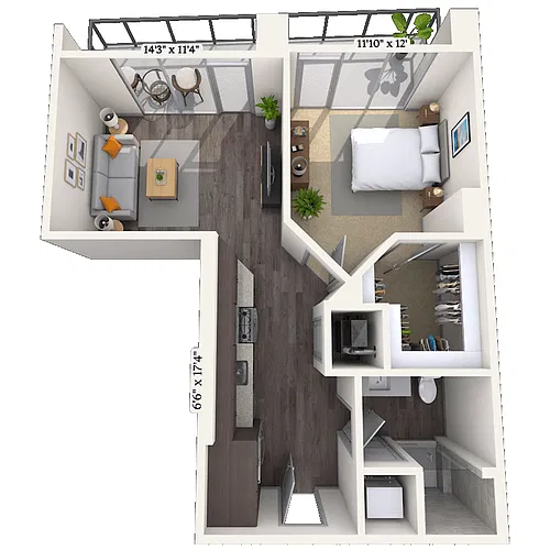 Floor plan Traditional 1x1 639 SF