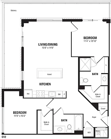 Floor plan 2 Bedroom, 2 Bath 1074 SF C12