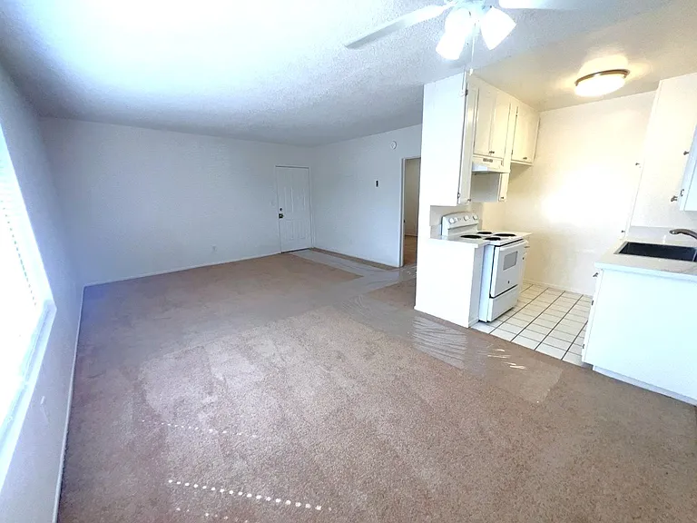 View of living room & kitchen area from dining area