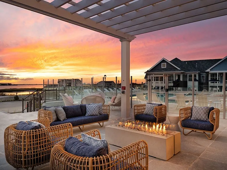 Courtyard with lounge seating and fireplace