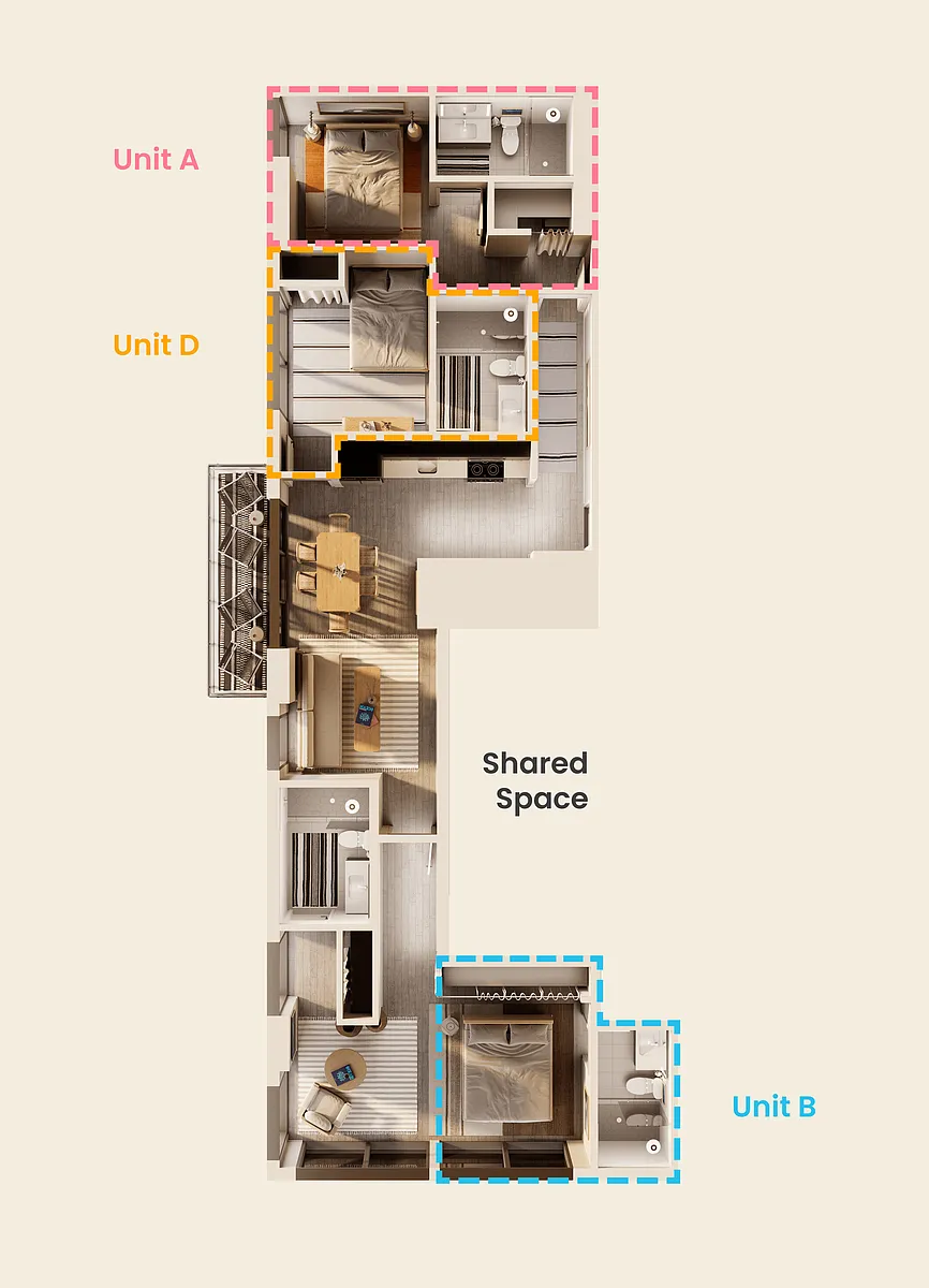 Floor plan Pismo Beach 3 - Single Bedroom, Shared Apt