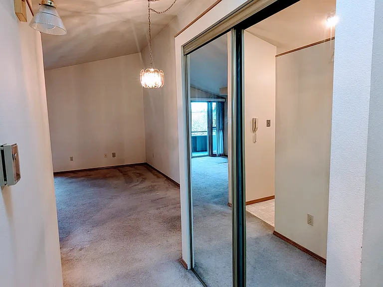 302 Entry closet leads to living room and kitchen; bedroom on the left, bathroom behind