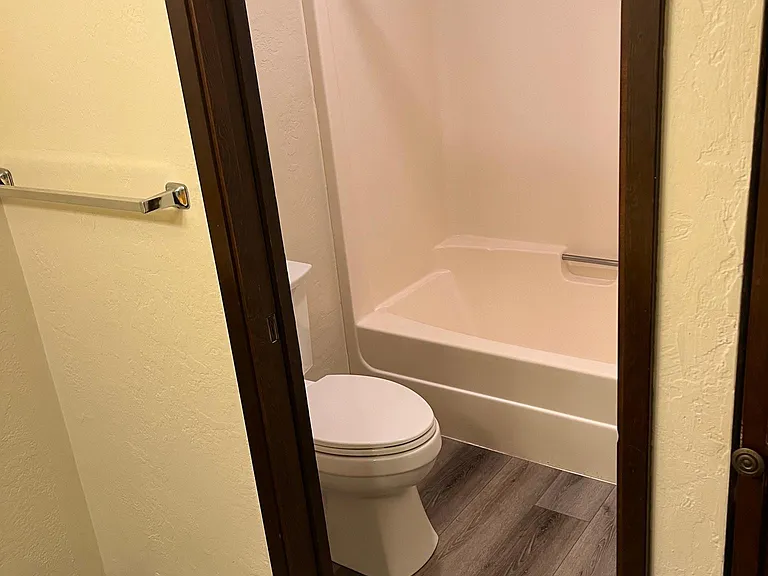 Bathroom: updated toilet and vinyl plank flooring. Tub and toilet behind privacy pocket door, opposite double sinks.