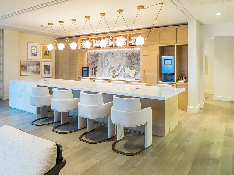 Clubroom demonstration kitchen, coffee bar, and wine dispenser