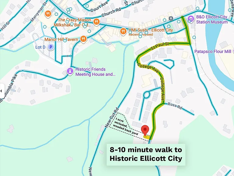 Not only do get a private, wooded acre of land and a charming cottage, you also get a fantastic location, just an 8-10 minute walk to one of Maryland's most storied neighborhoods and all the food, shopping and entertainment of historic Ellicott City.