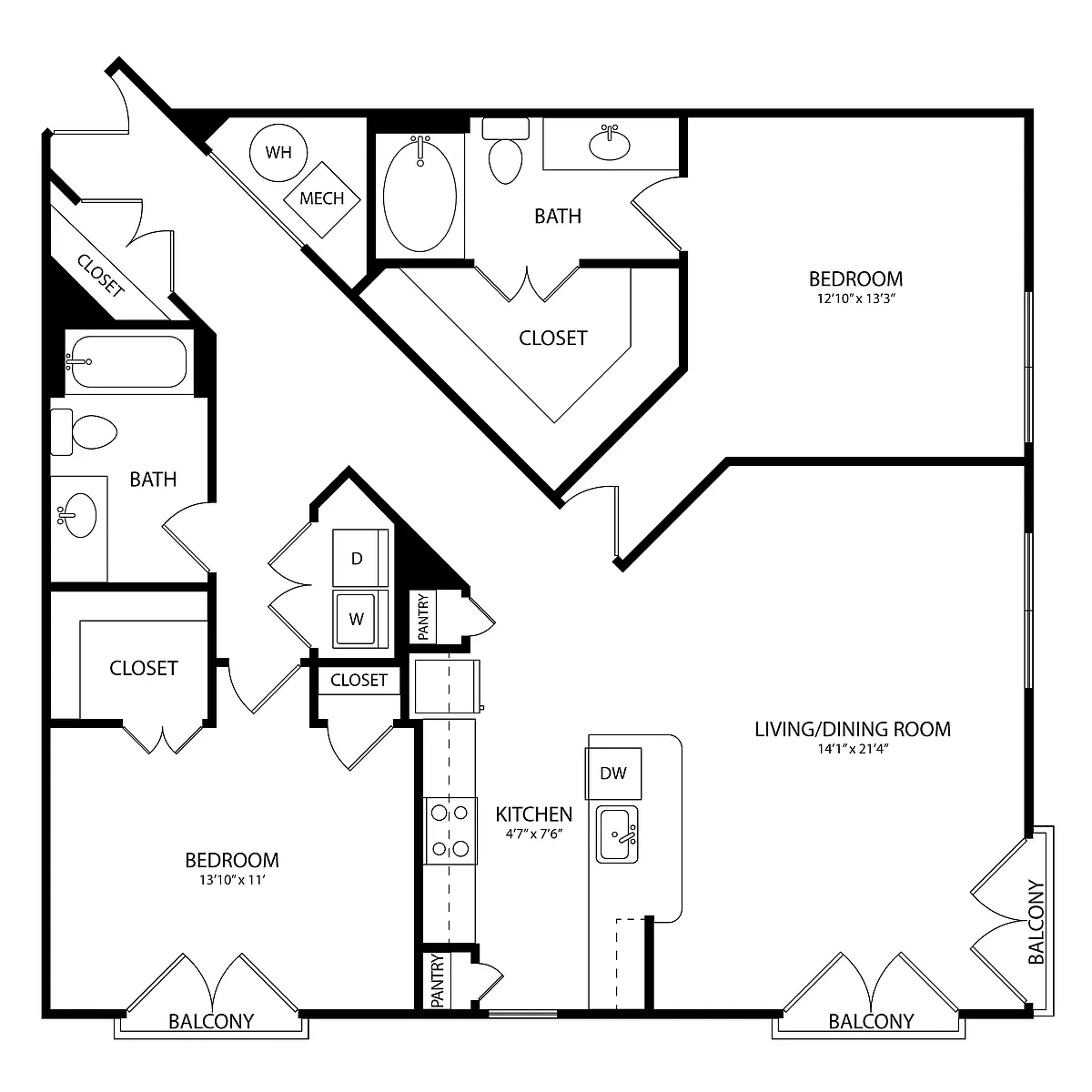 Floor plan 2 Bedroom, 2 Bath 1344 SF KC20