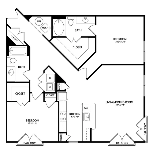 Floor plan 2 Bedroom, 2 Bath 1344 SF KC20
