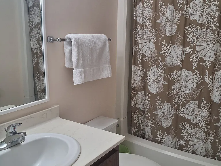 Guest bathroom with tub and shower off the hallway, across from the guest bedroom.