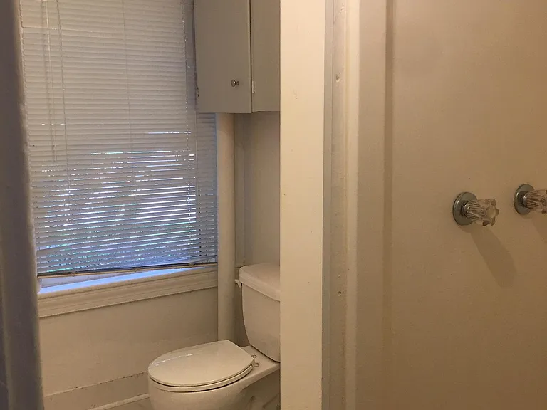 Bathroom with new flooring, cabinets over toilet and shower.