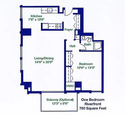 Floor plan Furnished Riverfront One Bedroom