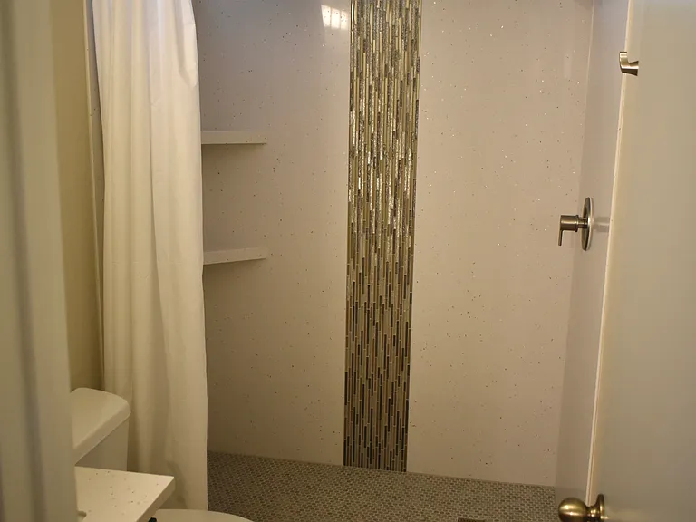 Hall Bathroom - Walkin shower with solid-surface surround, mosaic tile accents, built-in shelves, and fixtures - installed Aug 2024.