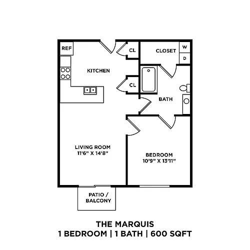 Floor plan Marquis A - 1 Bed 1 Bath 600 sqft