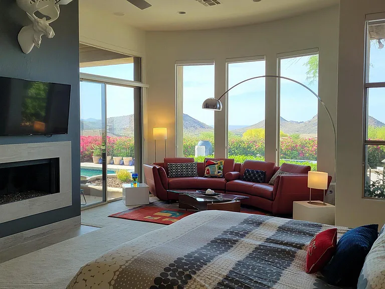 Mountain views and sunrises. Don't worry, there is also a power light blocking window blind.