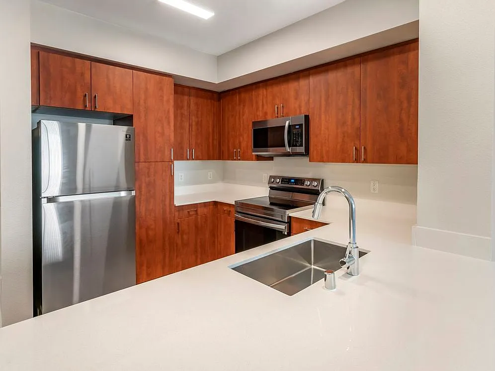 Renovated Package I kitchen with stainless steel appliances, white quartz countertops, cherry cabinetry, and hard surface flooring - Avalon Union City