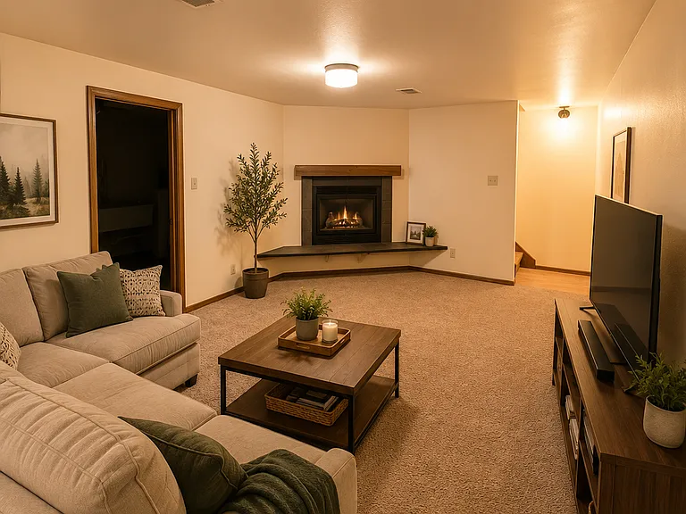 Basement with fireplace *digitally staged