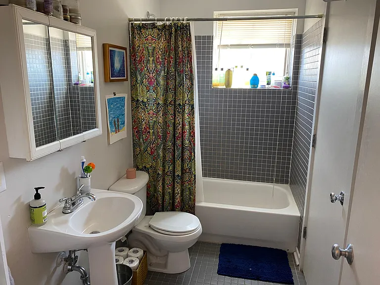 Full Bathroom with washer/dryer inside door on the right.