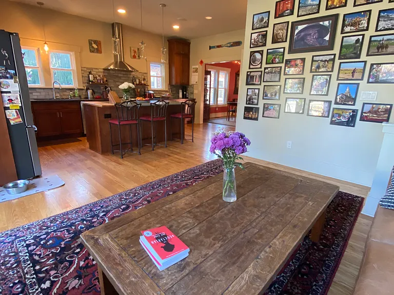 View of kitchen from couch
