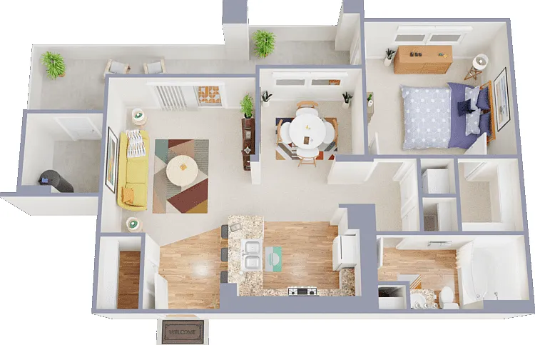 One Bedroom One Bath Model D + Den Floorplan Diagram