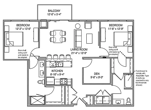 Floor plan Two-Bed/Den