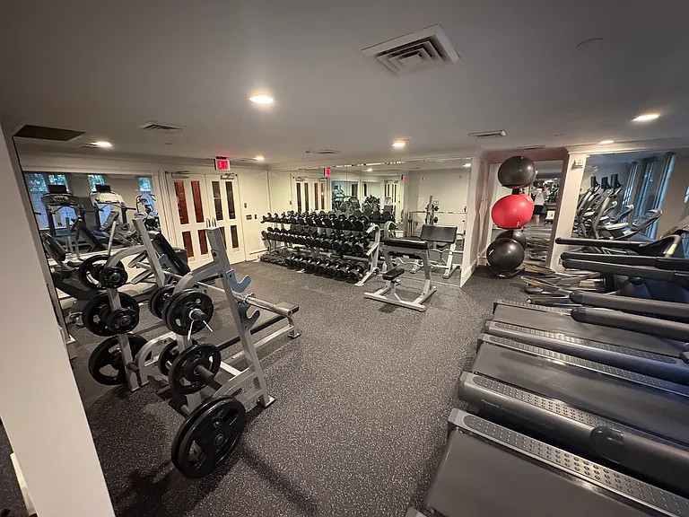 Treadmills, bench press, free weights, and exercise balls