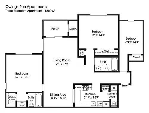 Floor plan 3BR 2BA (1200sf)