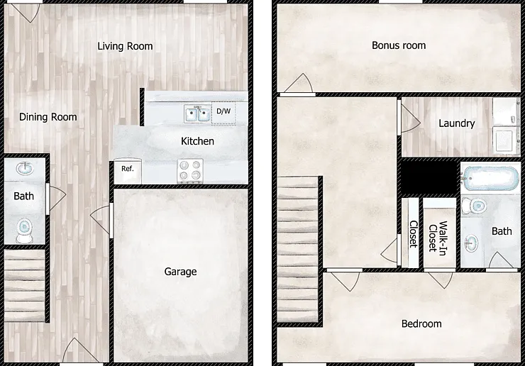 1 Bed with Den 1.5 Bath Townhouse - Laurel Ridge II Floorplan Diagram
