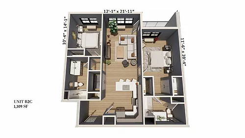 Floor plan 2-Bedroom 2-Bathroom | 1,109 sqft